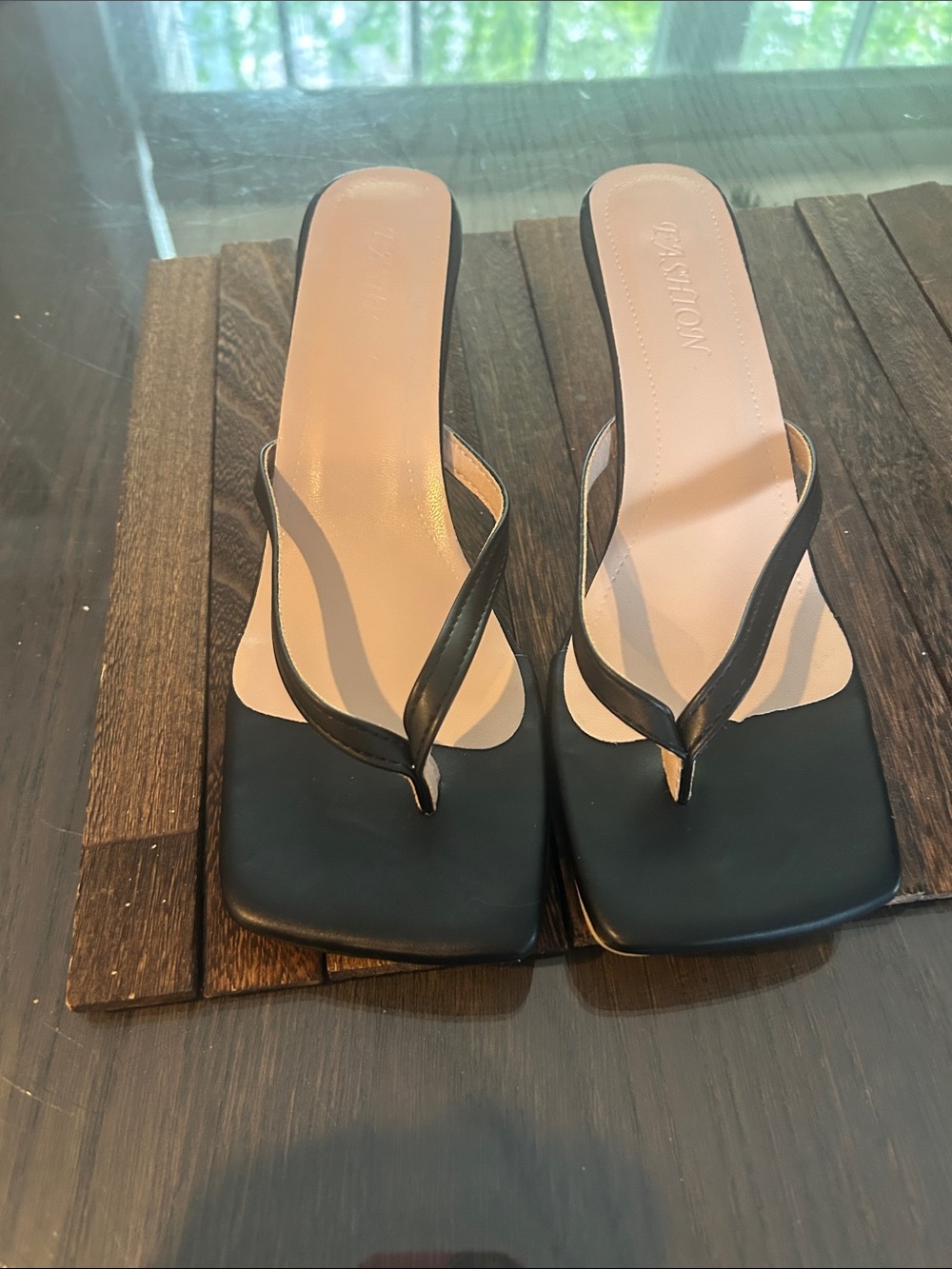 Black Square-Toe Thong Sandals - Women